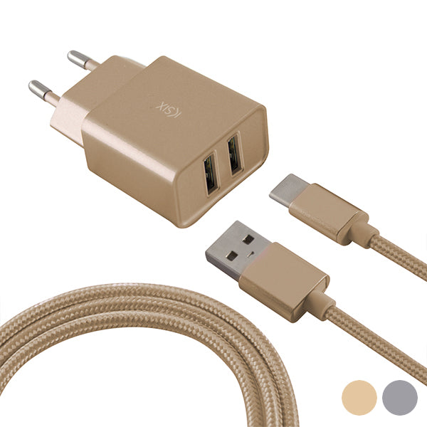 Wall Charger + USB C Micro Cable KSIX Metallic