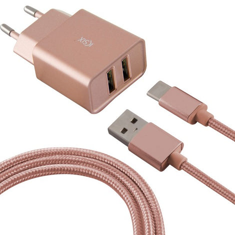 Wall Charger + USB A to USB C Cable 2 USB 2.4A Rose gold